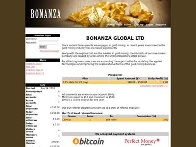 [SCAM] bonanza.global - Min 10$ (2% daily for 20 days) RCB 80% Bonanza.global